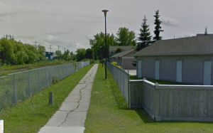 The sidewalk that ultimately connects to the Shorehill Trail which leads to Bishop Grandin